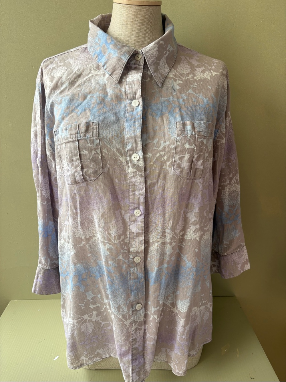 Woolrich Relaxed Floral Button-Up Shirt - Lavender Taupe Blue XL